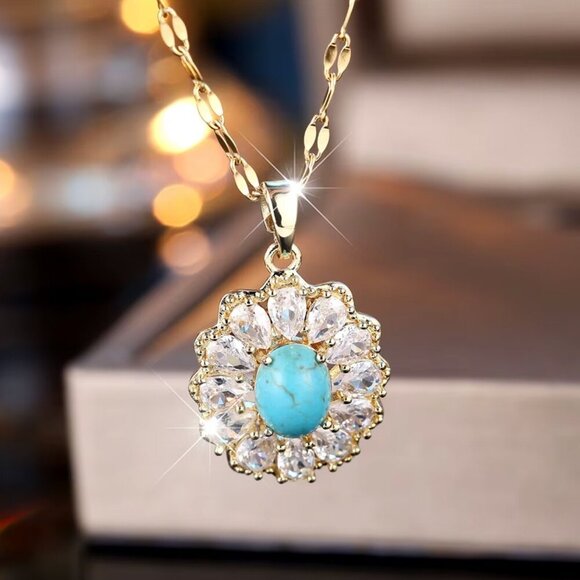 NEW 14k Gold Turquoise Blue Flower Diamond Necklace - Picture 4 of 5